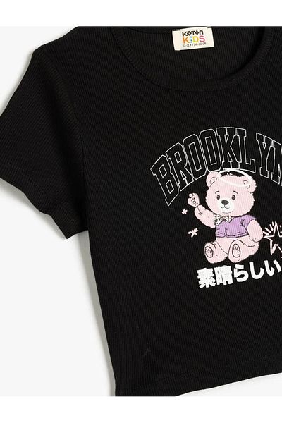 Koton Tricou negru pentru fetiță cu imprimeu ursuleț cu gât crew 5skg10247ak