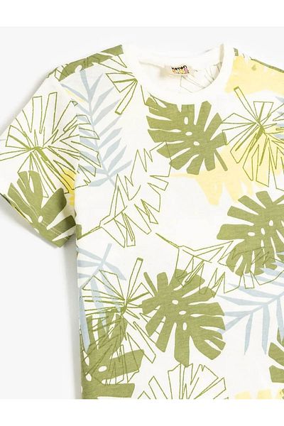 Koton Leaf Printed Cotton Short Sleeve Ecru Boy's T-Shirt 5Skb10107Tk
