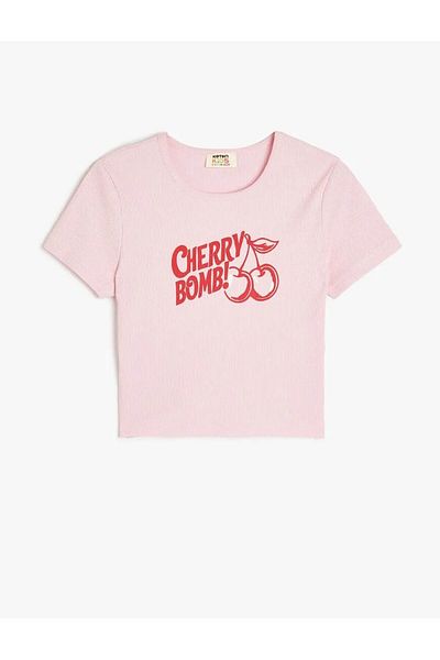 Koton Κοντό μανίκι με στάμπα Cherry, ροζ κοριτσίστικο μπλουζάκι με λαιμόκοψη 5skg10227ak