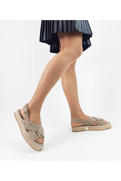 GDT Ayakkabı Gray Color Cross Banded Straw Knitwear Women's Black Sandals