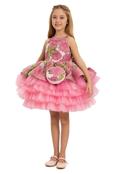 Pamina Kız Çocuk Çicek Desenli Abiye Elbise 3-7 Yaş Fuşya