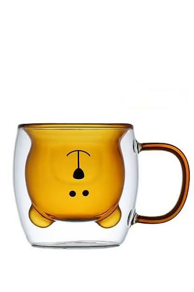 MUKKO HOME Double Wall Bear Patterned Borosilicate Glass Cup with Handle – 250 Ml, Heat Resistant