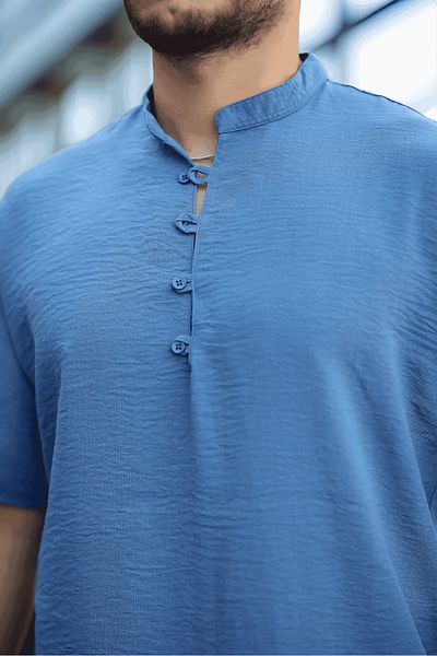 Valiberta Wes Oversize Half Placket Bamboo Short Sleeve Shirt - Blue