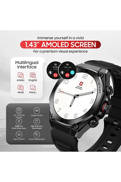 Swiss Military DOM6 Smartwatch 1.43” AMOLED,BT Calling,Health & Sports,IP67,7 Days,iOS/Android Compatible Black