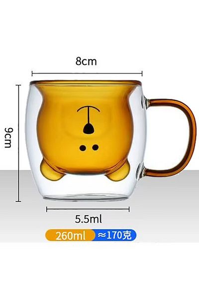 MUKKO HOME Double Wall Bear Patterned Borosilicate Glass Cup with Handle – 250 Ml, Heat Resistant