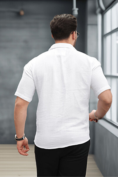 Valiberta Напів-оверсайз сорочка з коротким рукавом, з апашним коміром, з муслінової тканини, чоловіча - біла