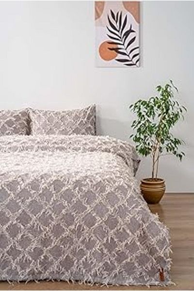 Mu Art Ahşap Rivaistanbul Ferly Tasseled Gray Double Jacquard Deluxe Sleeping Set 3 Piece Bedspread Set