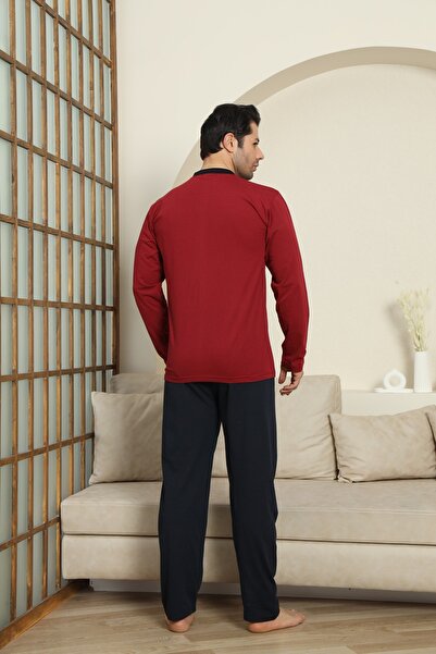 MODAREYA Σετ ανδρικής πιτζάμες με μακρυμάνικο μπορντό χρώμα με κουμπιά