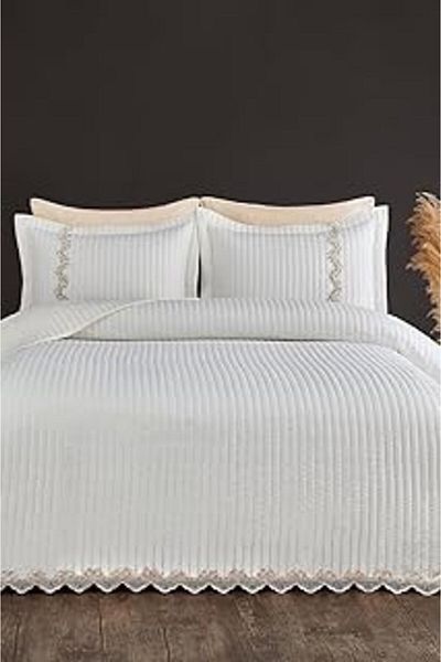 Mu Art Ahşap Mihrimah Lace Luxury Bedspread Set Double%100 Cotton Stylish Elegant Soft Cream Off White
