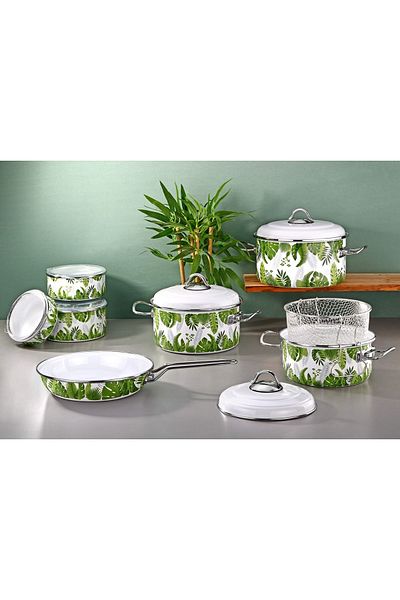 Bonera Enamel 14 Piece Retro Set - Pot, Pan, Fryer and Storage Container