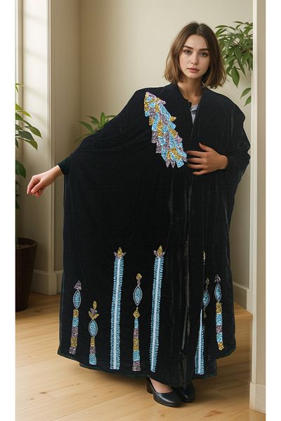 Generic Black velvet abaya with slanted cape and hand embroidery on the bottom and chest
