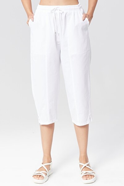 MONAHA Women's White Comfortable Cotton Capri - Linen, Elastic Waist Slit Monaha