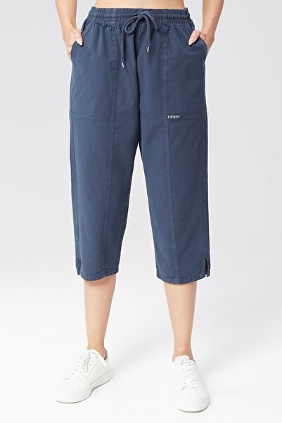 MONAHA Kadın Açık Lacivert Rahat Kesim Pamuklu Kapri - Keten, Beli Lastikli, Yırtmaçlı Monaha