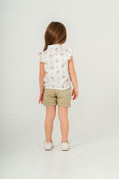 PAMPAL ÇOCUK Girl's Short Sleeve Teddy Bear Print Shirt - Shorts Suit