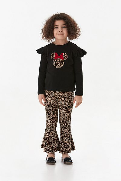 Fulla Moda Leopard Patterned Character Embroidered Girl's Flare Suit