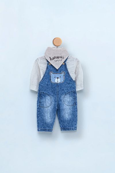 Magu Baby Boy Teddy Bear Denim Salopet Set – Set of 3, Cotton and Comfortable