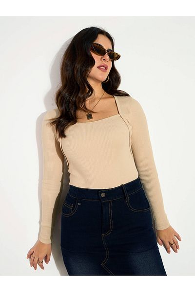 Sassafras By Styli Ribbed Square Neck Long Sleeves Top