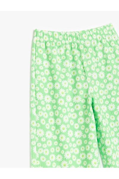 Koton Elastic Waist Floral Patterned Flared Leg Green Girl's Trousers 5Skg40037Ak