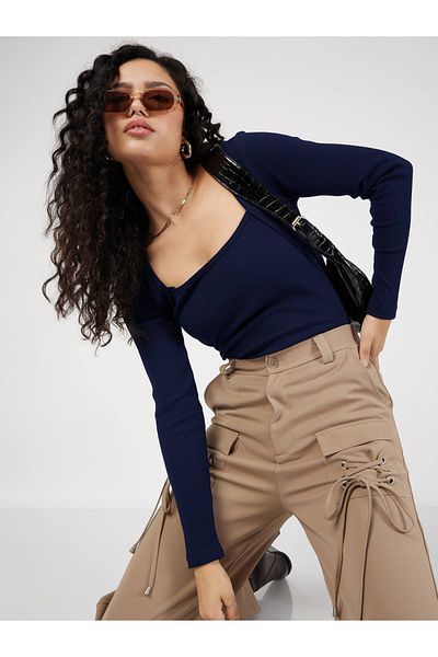 Sassafras By Styli Ribbed Square Neck Long Sleeve Top