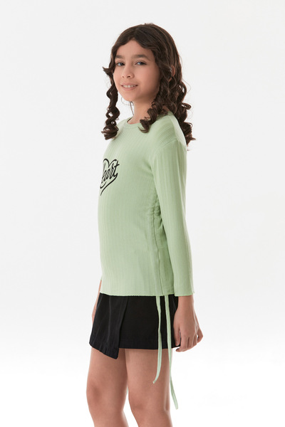 Fulla Moda Ribbed Heart Printed Girls' Body with Gathered Sides