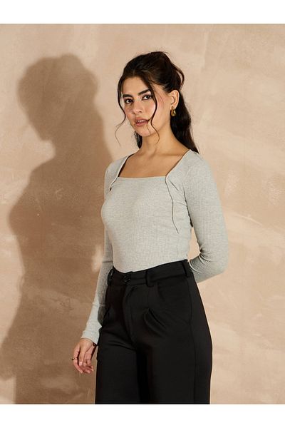 Sassafras By Styli Ribbed Square Neck Long Sleeves Top