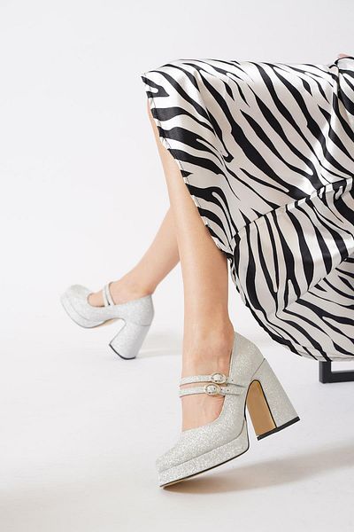 Moda Pie Pantofi cu toc Rendas Double Weft Platform pentru damă, cu sclipici argintiu