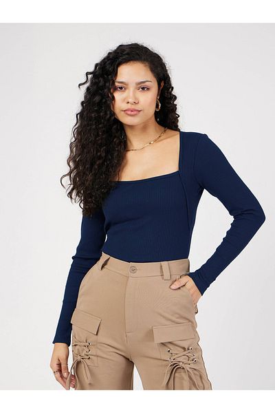 Sassafras By Styli Ribbed Square Neck Long Sleeve Top