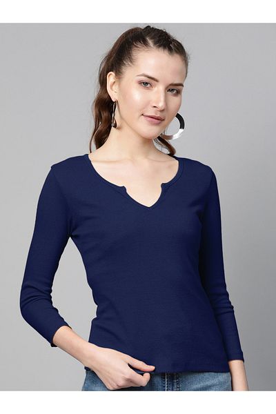 Sassafras By Styli Ribbed Notch Neck Long Sleeve Top