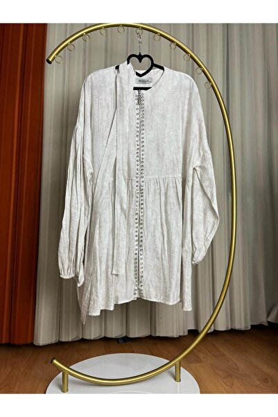 SMY ÖNÜ TAŞLI BALON KOL FERMUAR KAPAMA TUNİK GÖMLEK
