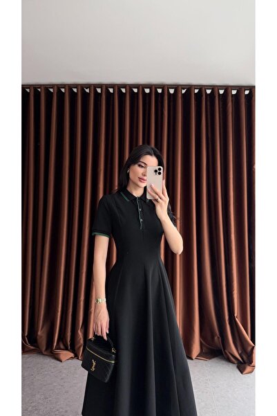 HAZELANNA فستان أزرق كحلي بتفاصيل خضراء