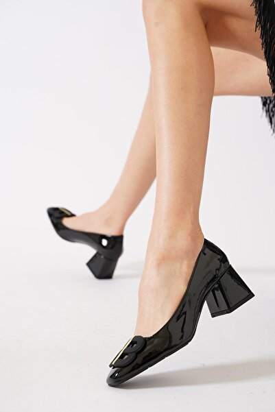 Moda Pie Weryert Sargı Tokalı Kadın Topuklu Ayakkabı Siyah Rugan