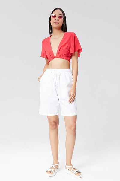 MONAHA Women's White Loose Cut Cotton Shorts - Linen, Elastic Waist, High Waist Monaha