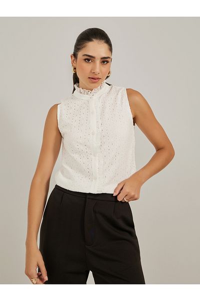 Styli Schiffli Ruffled Neck Sleeveless Top