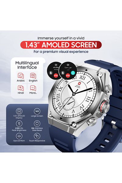 Swiss Military DOM6 Smartwatch 1.43” AMOLED,BT Calling,Health & Sports,IP67,7 Days,iOS/Android Compatible Blue