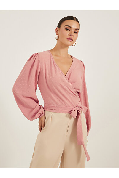 Styli بلوزة دوبي برباط على شكل حرف V وأكمام منفوخة