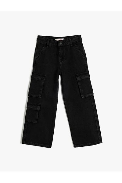 Koton Cargo Pocket Cotton Wide Leg Black Girls Jean Trousers 5Skg40105Ad