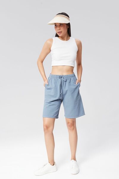 MONAHA Women's Light Blue Loose Cut Cotton Shorts - Linen, Elastic Waist, High Waist Monaha
