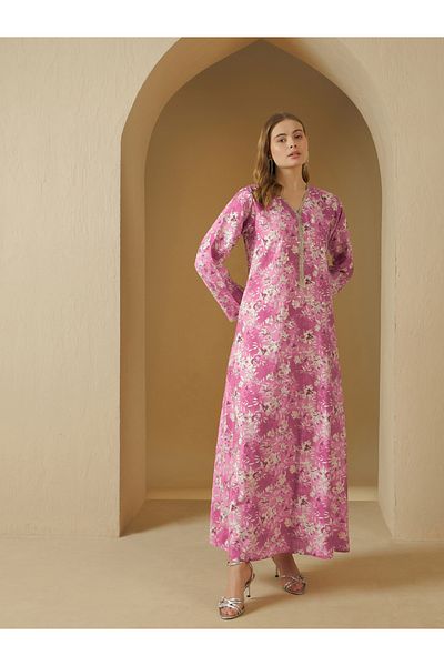 Styli All Over Floral Print V Neck Jalabiya with Lace Trim