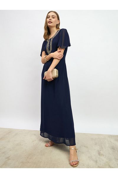 Styli Embellished Short Sleeves A-Line Maxi Dress