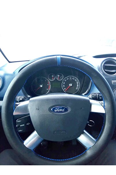 HASBAY DİKİŞLİ DİREKSİYON KILIFI SİYAH DERİ MAVİ YÜZÜK MAVİ DİKİŞLİ FORD CONN...