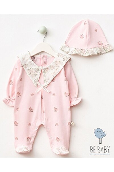 MODA Kız Bebek Çiçekli Yakalı Penye Tulum Şapkalı