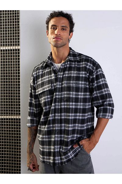 Mascln Sassafras By Styli Checked Raw Edge Hem Oversized Shirt