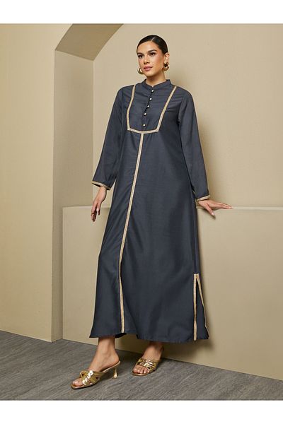 Styli Lace Detail Buttoned Mandarin Collar A-Line Jalabyia