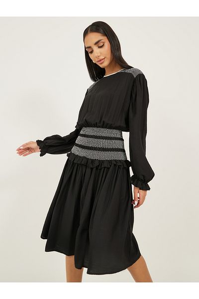 Styli Plain Contrast Stitch Detail Long Sleeves A-Line Midi Dress
