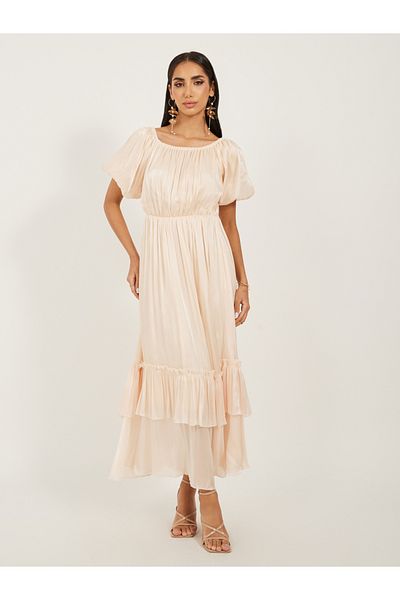 Styli Plain Balloon Sleeves A-Line Maxi Dress with Layered Hem