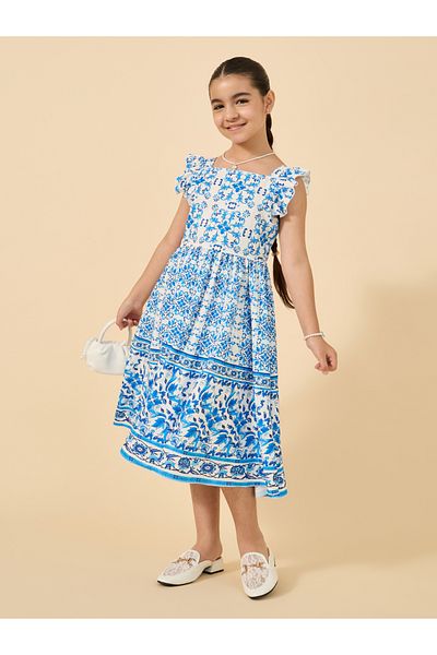 Styli All Over Print Ruffled Sleeves Dress