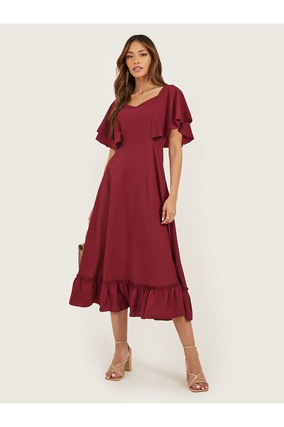 Styli Plain Solid Sweetheart Neck Half Sleeves A-line Midi Dress