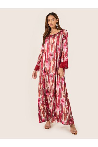Styli Abstract Print Jalabiya with Tassel Trim