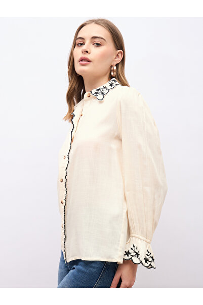 Styli Textured Embroidered Trim Spread Collar Shirt
