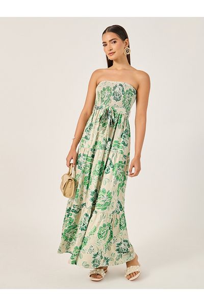 Styli Floral Print Bandeau Neck A-Line Maxi Dress